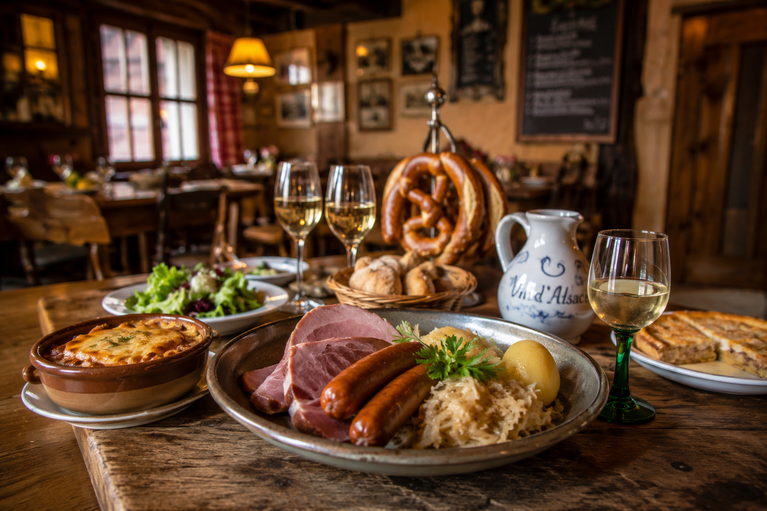 Restaurant alsacien traditionnel avec spécialités régionales servies dans une ambiance chaleureuse et conviviale.
